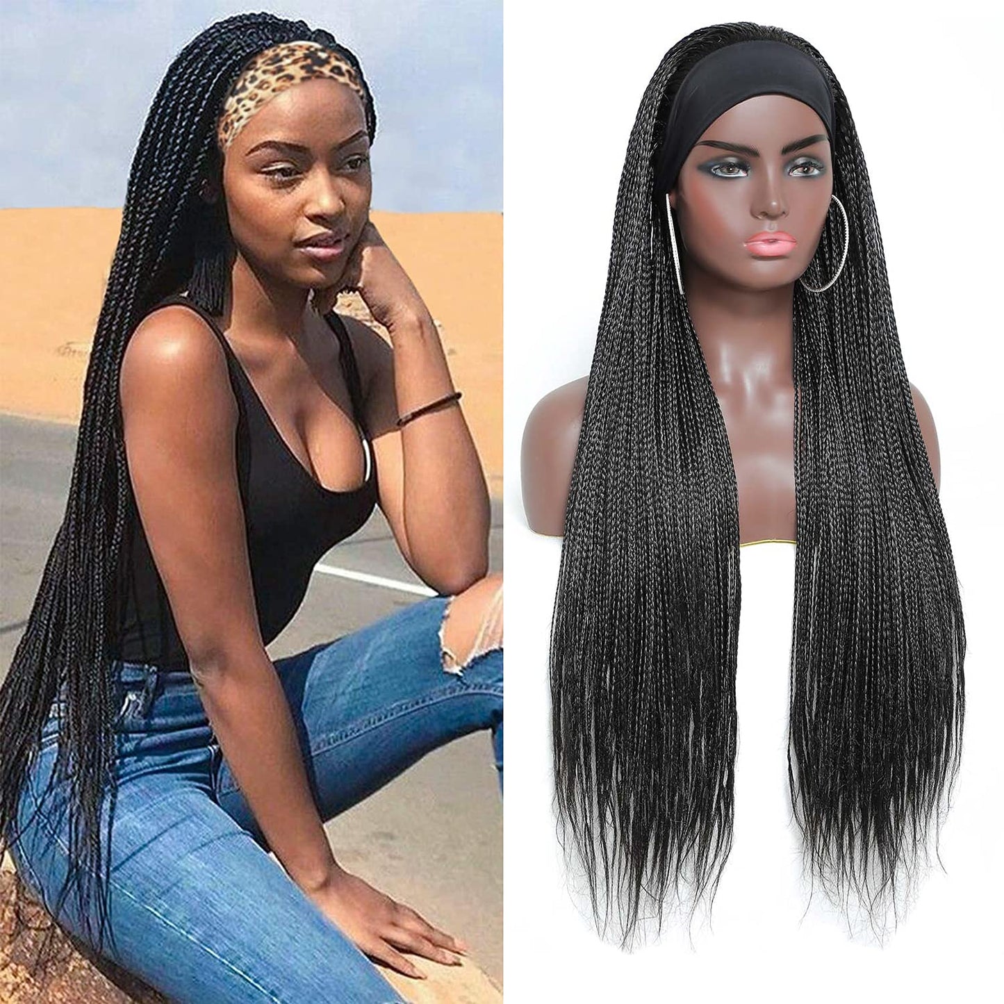 Black Long Micro Braids Wig Headband Wigs Box Braided Wigs