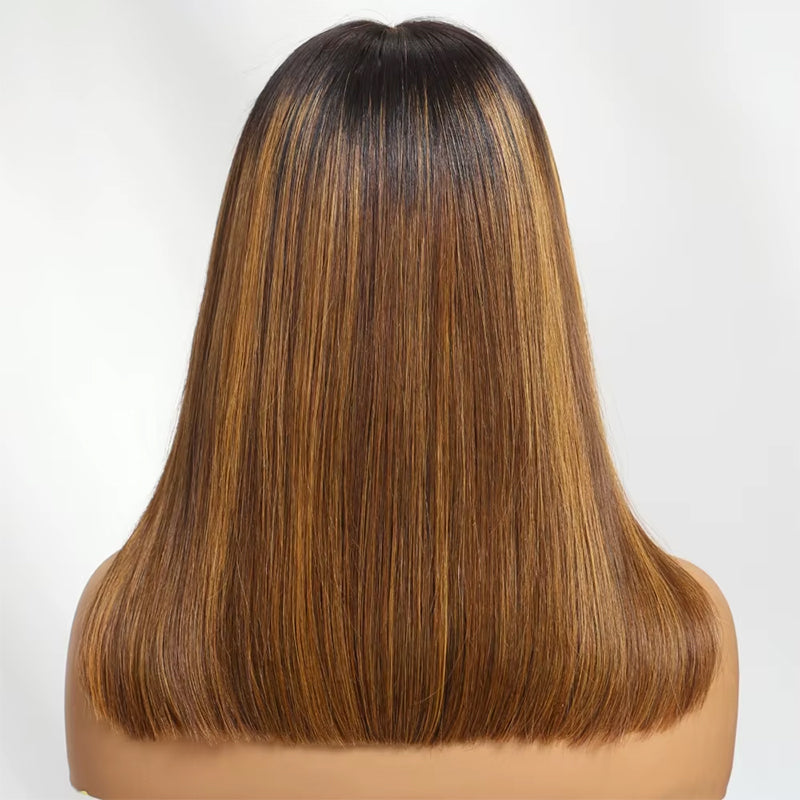 Back view of highlighted bob wig