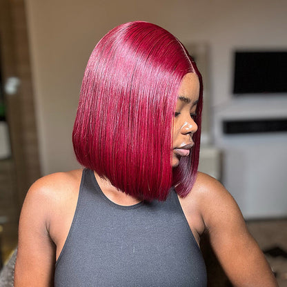 Blunt Cut Bob Wig 2x6/13x4 Lace Closure Straight #99J Red Colored Short Bob Wigs 220% Density