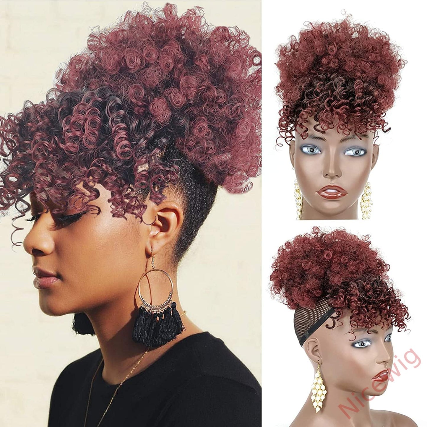 Gray Afro Puff Drawstring Ponytail with Bangs Wigs