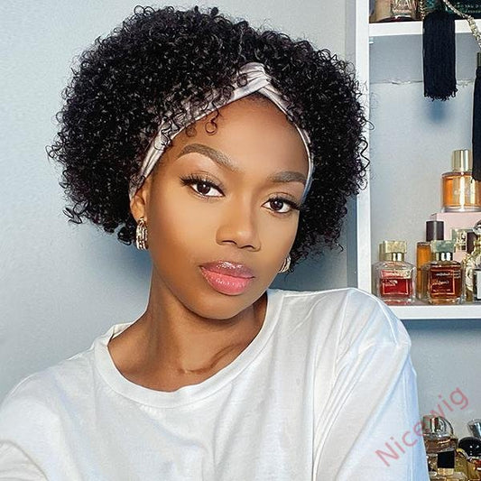 Natural Black Short Curly Hair Headband Bob Wig