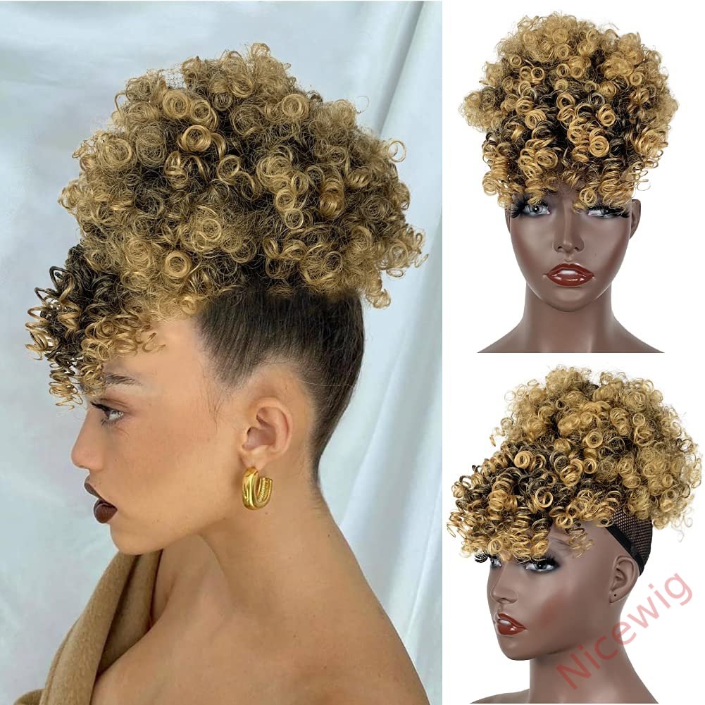 Gray Afro Puff Drawstring Ponytail with Bangs Wigs