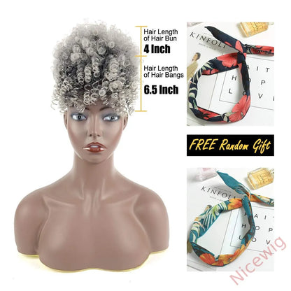 Gray Afro Puff Drawstring Ponytail with Bangs Wigs